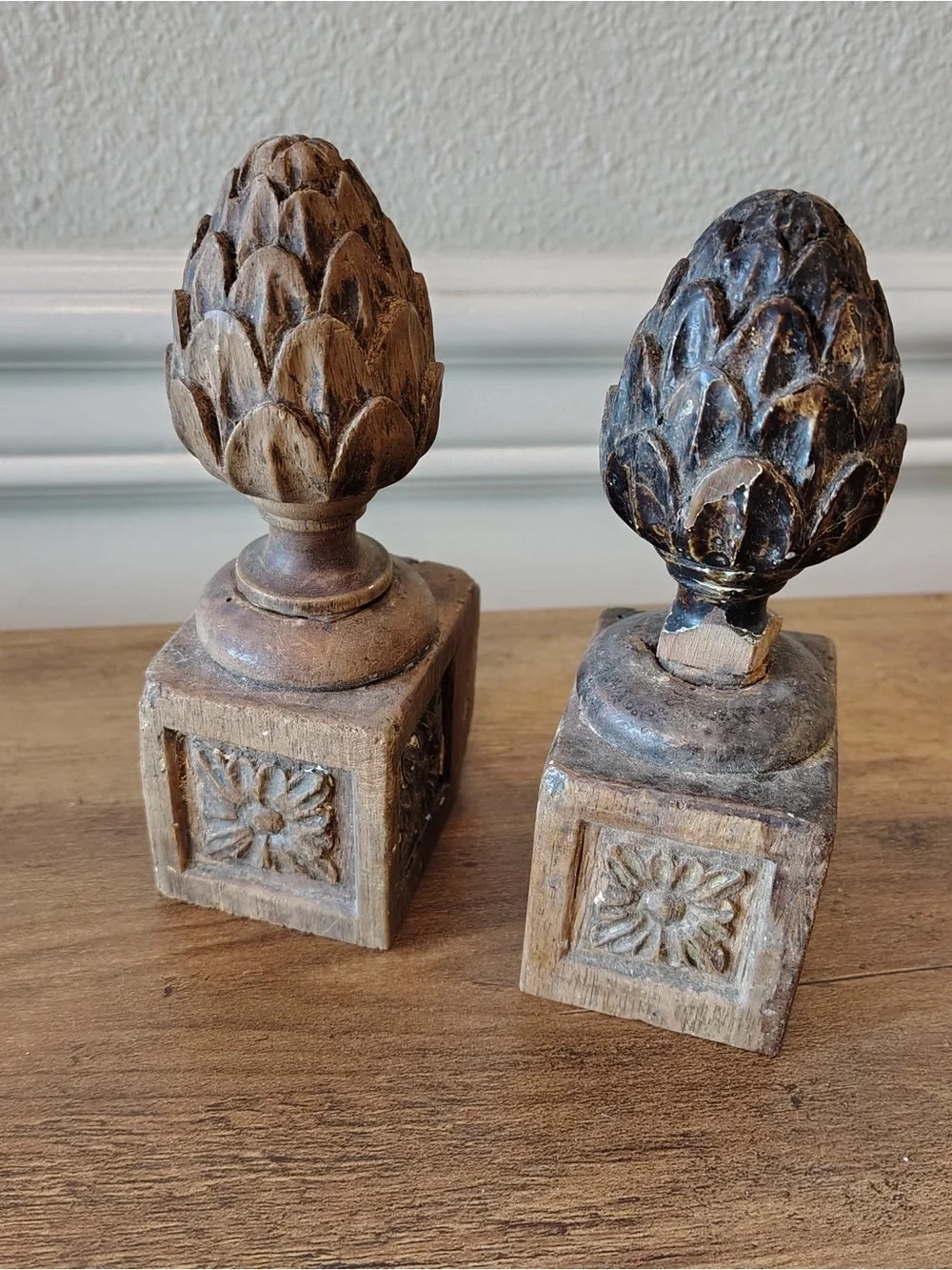 Antique Wood Staircase Finials Pair Carved Artichoke Newel Post Caps Salvage